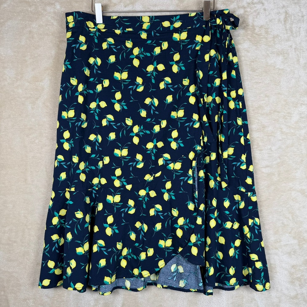 Banana Republic Navy Lemon Print Faux‎ Wrap Tiered Midi Skirt Size 14 Resortwear